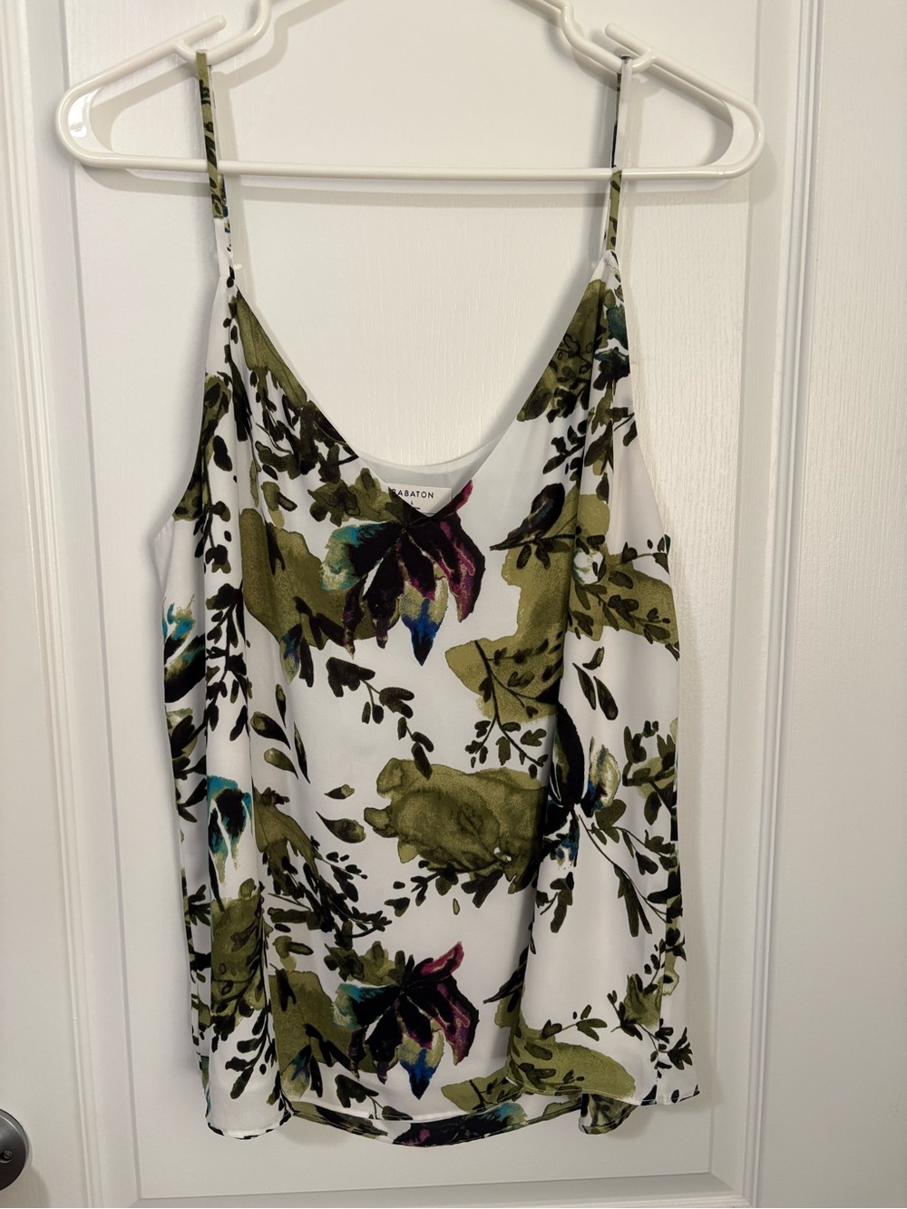 Babaton White Olive Floral Silk Cami with Multicolor Accents